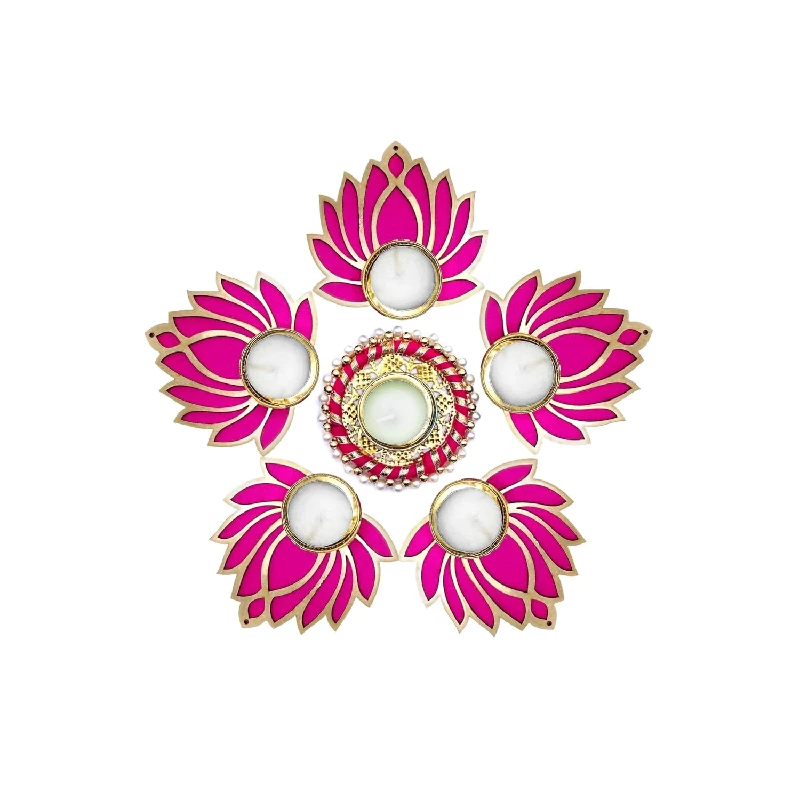 ProKart Premium Pink Lotus Wooden Chudi Diya Rangoli with Moti Beads Centre Diya, 50 g-1.webp